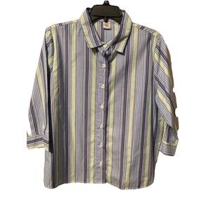 Rebecca Malone Women’s Missy Blouse XL Striped Lime & Blue Button Front Nice